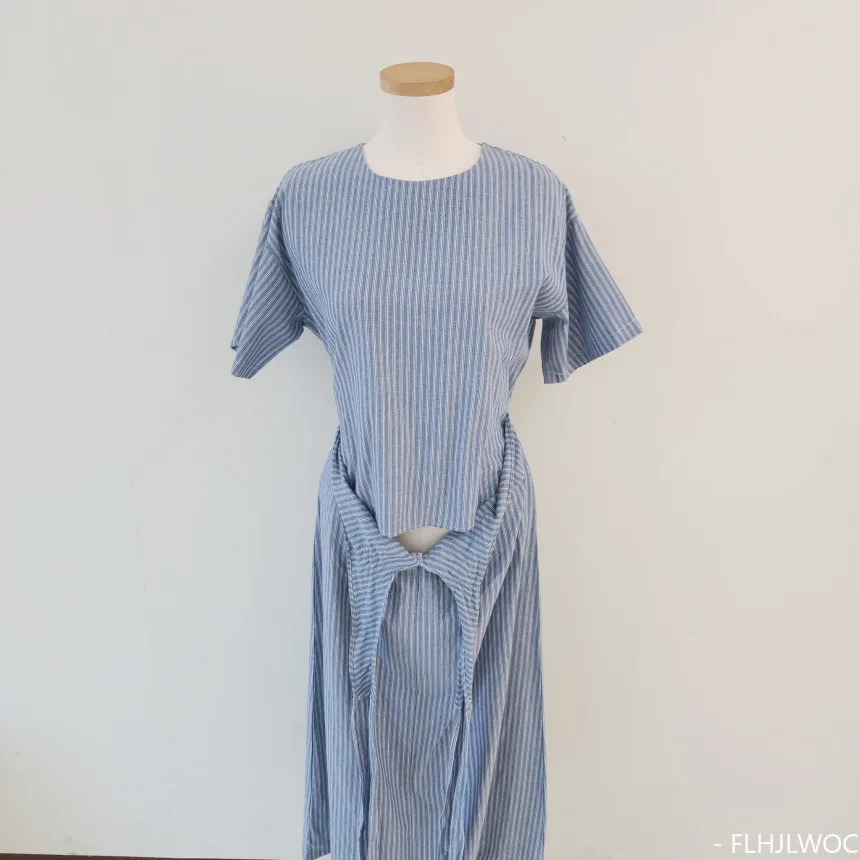 Vestido camisero a rayas para mujer, vestido largo falso de dos piezas, manga corta, estilo japonés, coreano, Retro, Vintage, bonito, nuevo diseño