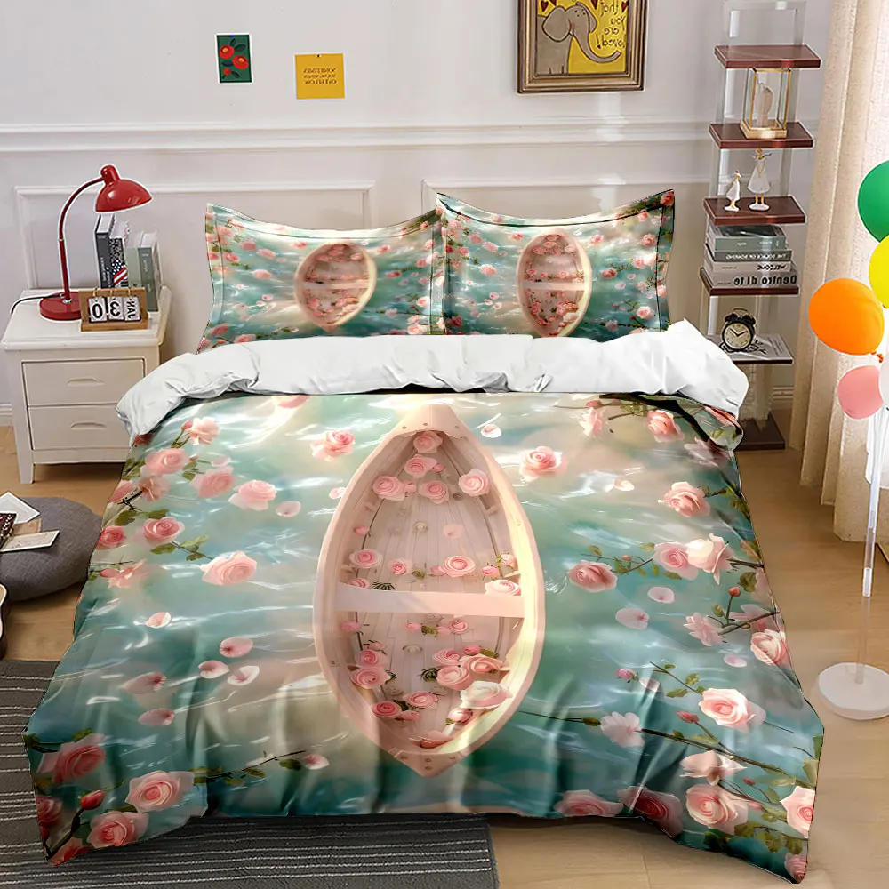 Romantic boat with floating roses Pattern Duvet Cover Set Digital Print Colorful Polyester Bedding with Zipper Closur for gifts