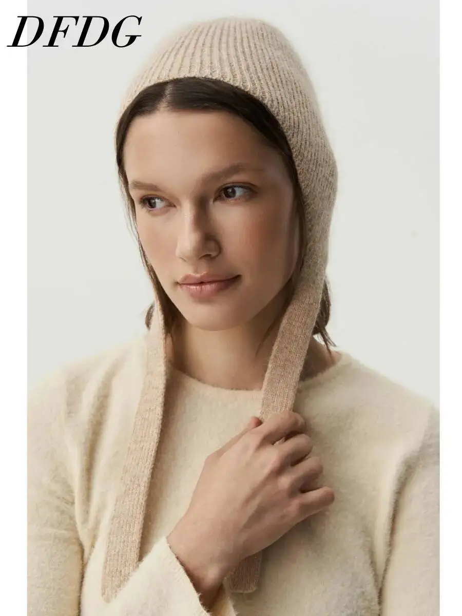 DFDG Women 2026 Spring Autumn Ribbed Knit Balaclava Hat Tie Strap Ear Cover Soft Warm Windproof Daily Casual Solid Beanie Cap