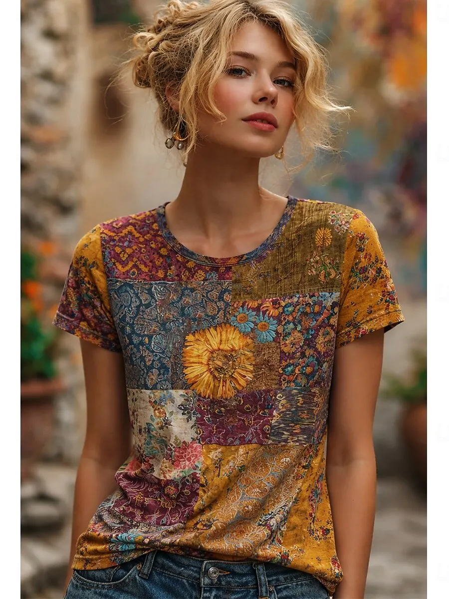 Women's Plants Abstract Vintage Graphic T-Shirt, Crew Neck Short Sleeve Daily Tops, Casual Weekend Wear for Spring & Summer