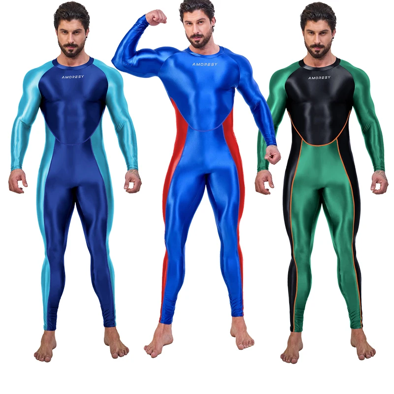 AMORESY Sexy Men One Piece gloss Bodysuit Cosplay Catsuit Jumpsuits Stretch Bodystocking Spandex Zentai Suit japanese swimsuit