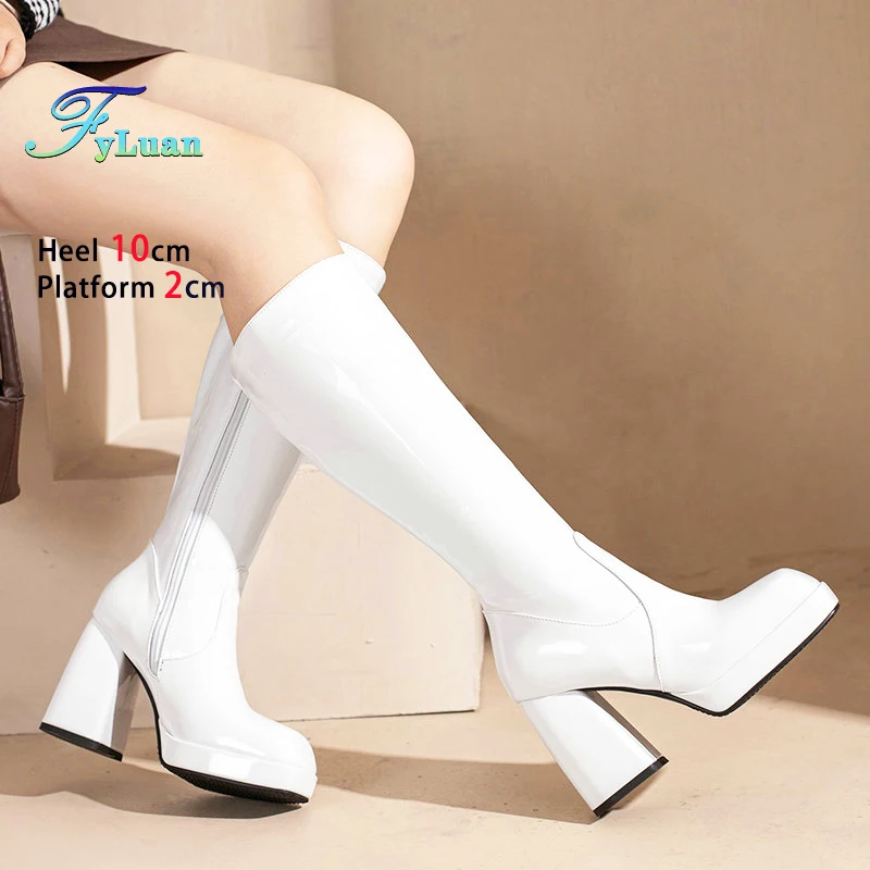 

White Women Boots 2025 New Winter Shoes Female 10CM Chunk Heel Fashion Square Toe Side Zipper Knee High Boots Plus Size 46 47 48