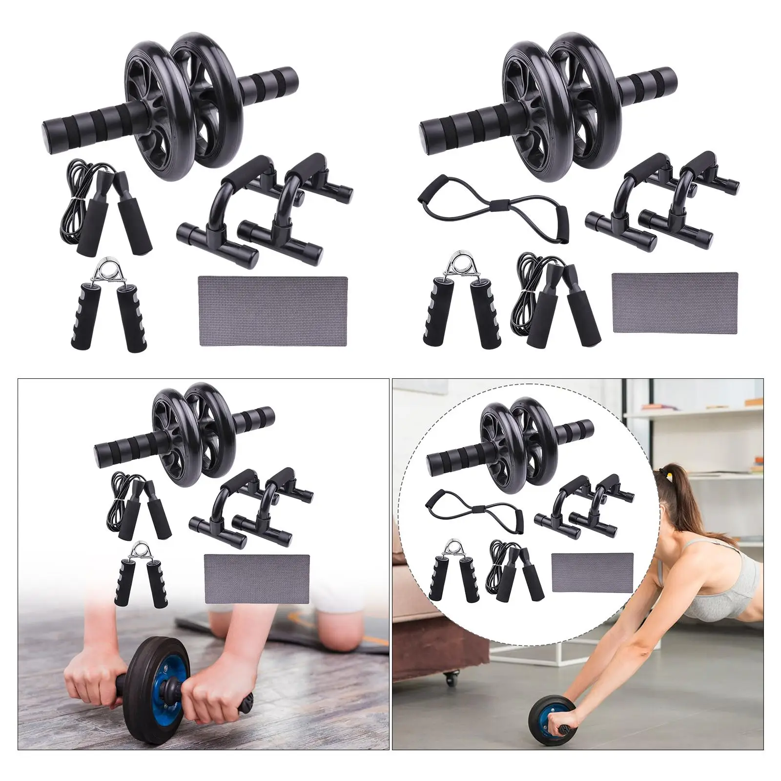 Abdominal Exercise Roller Set with Knee Pad, 2 Push up Bars, Skipping Rope, and Resistance Band, Workout Equipment