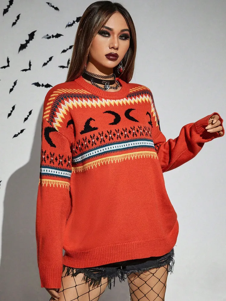 Yangelo Gothic Moon Sweater Knitted Top Loose Long Sleeve Warm Autumn Winter Streetwear Fashion Girl Pullover