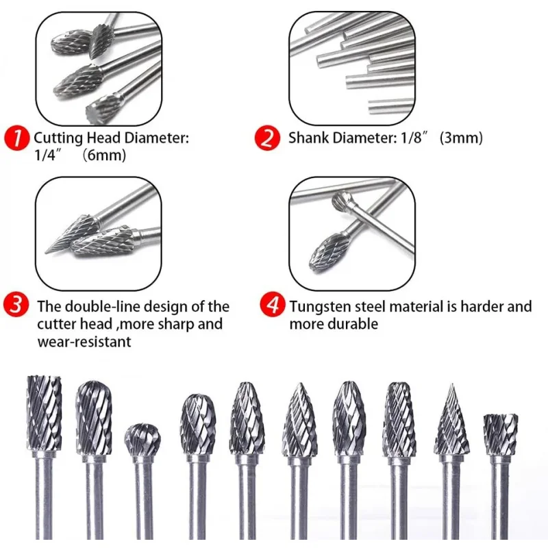 10pcs- 125sets-carton Tungsten Solid Carbide Rotary Burr Set 1/8 Cutting Burrs for Dremel Tool