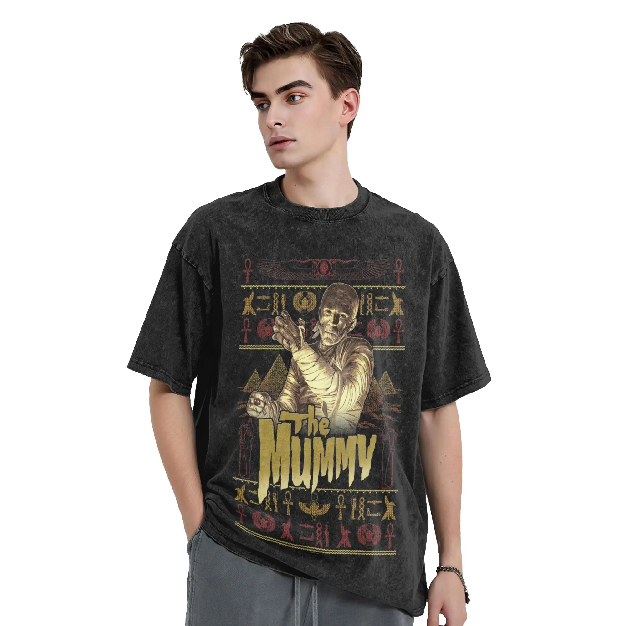 Universal Monsters Christmas The Mummy Ugly Sweater  Washed T-Shirt Men's Round Neck Short Sleeve Clothing  Cotton Summer Tops