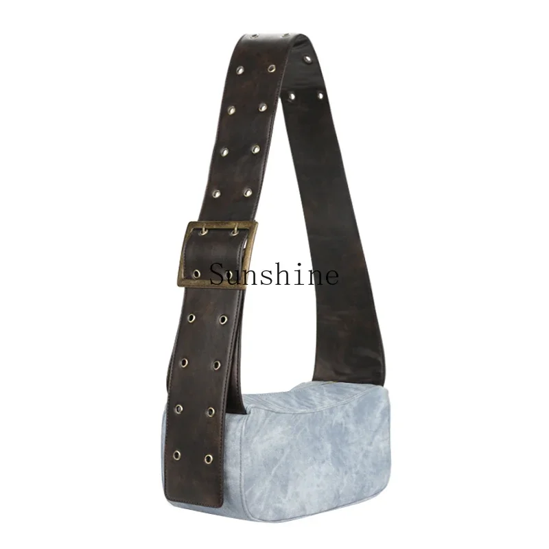 

Vintage wide shoulder straps, waste earth wind smudging fog blue single shoulder crossbody armpit bag