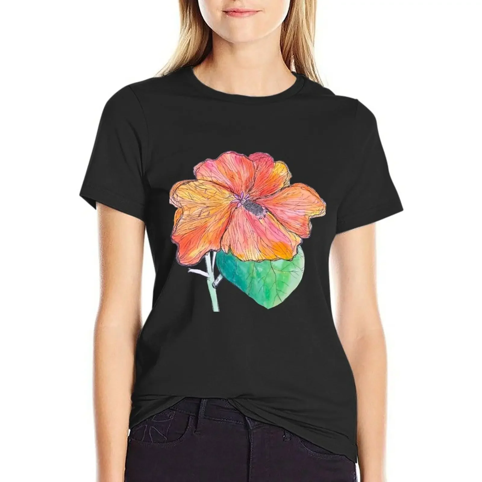 

watercolor flower T-Shirt blacks animal print shirt for girls cute clothes black t-shirts for Women