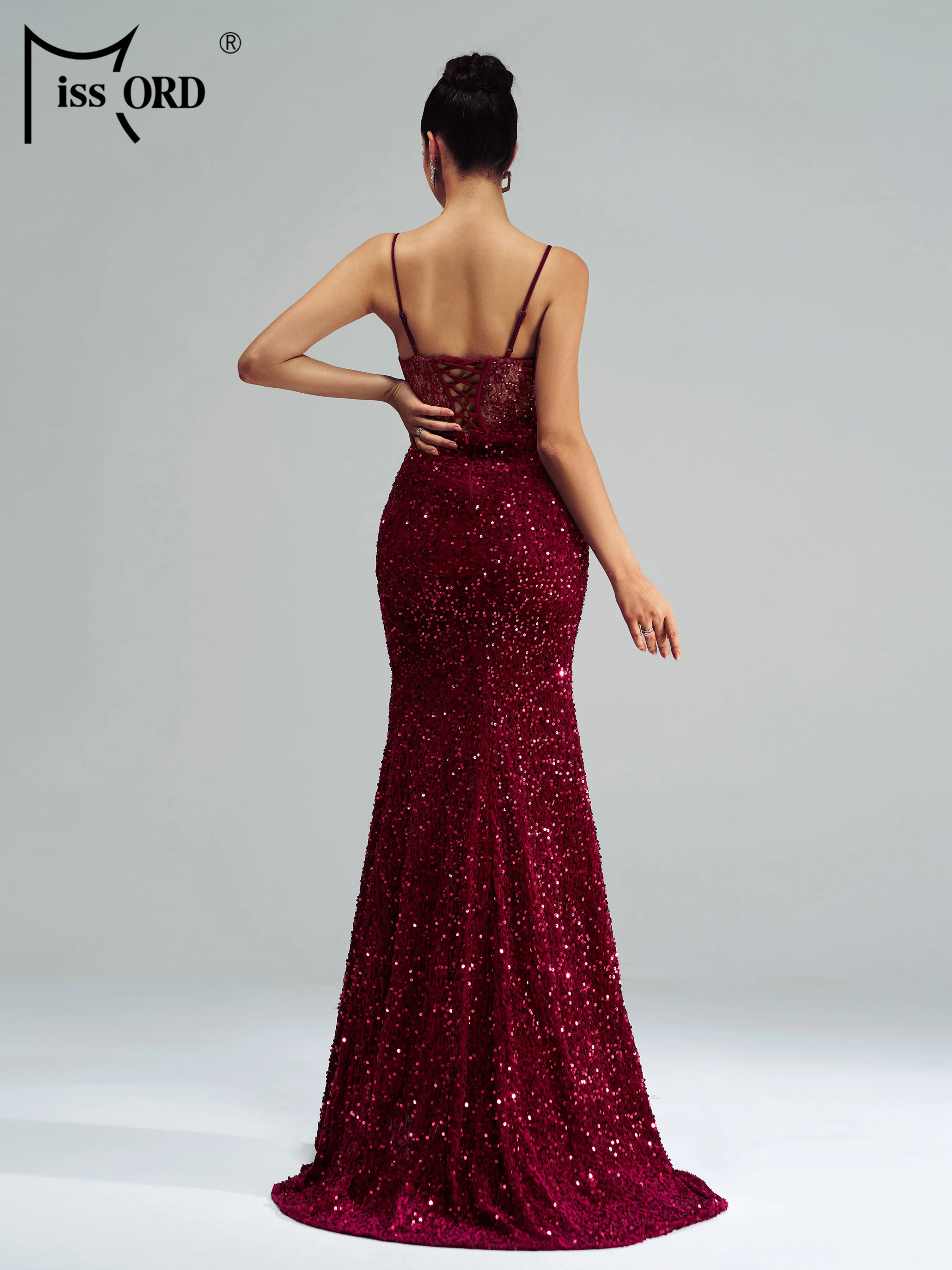 Missord Burgundy Spaghetti Elegant Beautiful Women's Dress Sexy Birthday Party Sequin Split Chic Elegant Evening Gown