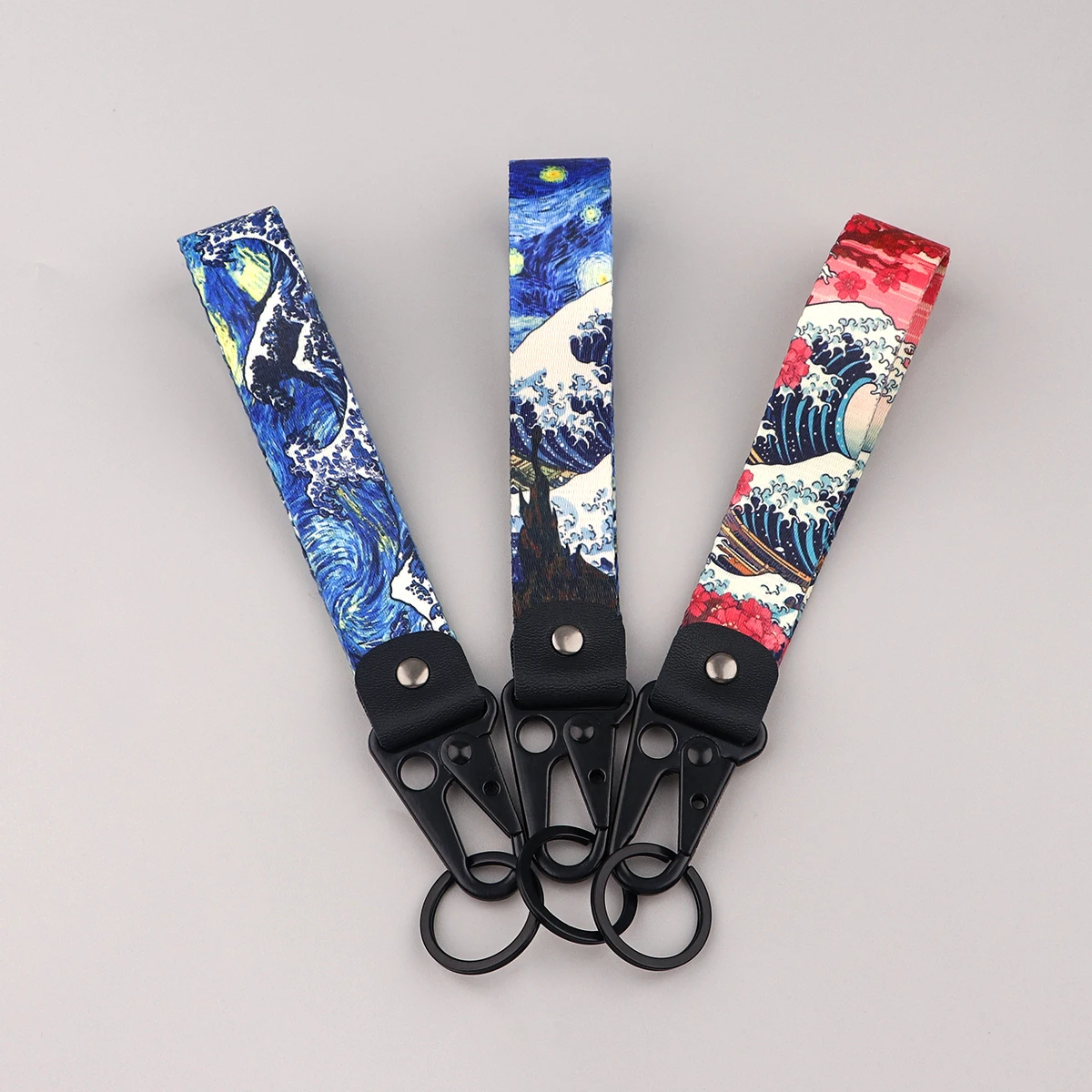 Van Gogh Keychain For Women Men Starry Sky Short Wrist Straps Japanese Waves Car Key Ring Holiday Gifts image 6
