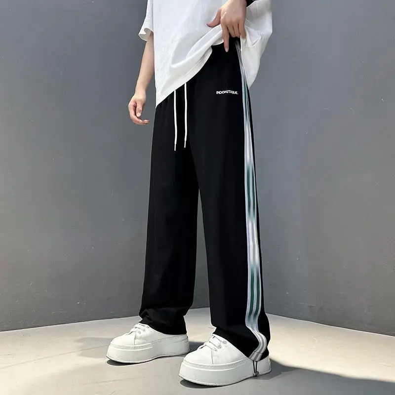 

Loose Fit adient Color Striped Spor Casual Pants for Men Summer Breathable Dstring Straight Leggings Trousers