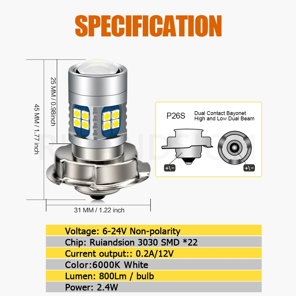 P26S LED Motorcycle Headlight 6-24V DC 22SMD 3030 Headlamp Moped Scooter ATV Motorbike Light Bulbs Motor Accessories 6V 12V 2.4W