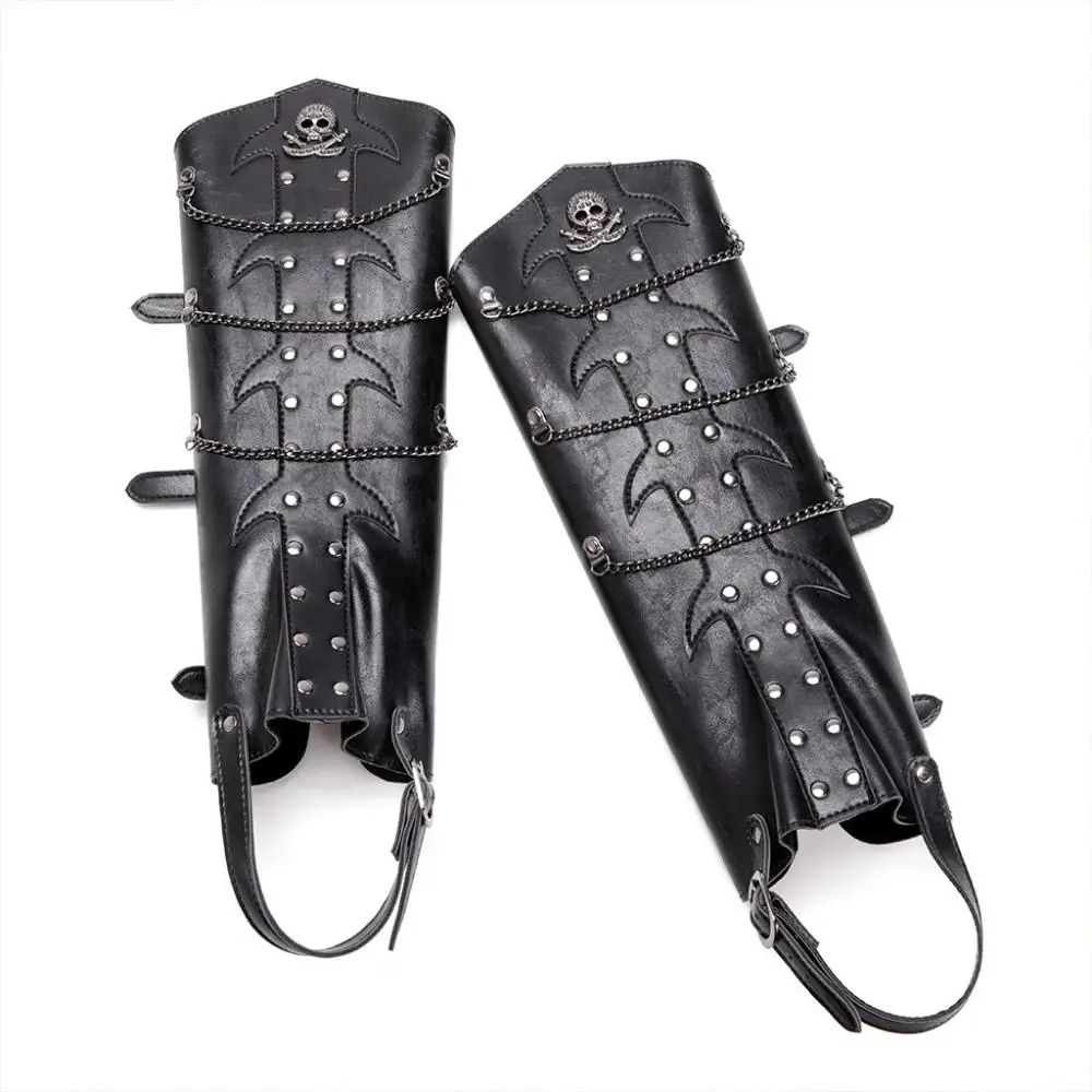 1 Pair Medieval Gothic Fantasy Adjustable Boot Covers Skull Chain LARP Renaissance Fair Vintage PU Leather Shoe Armor Stearmpunk