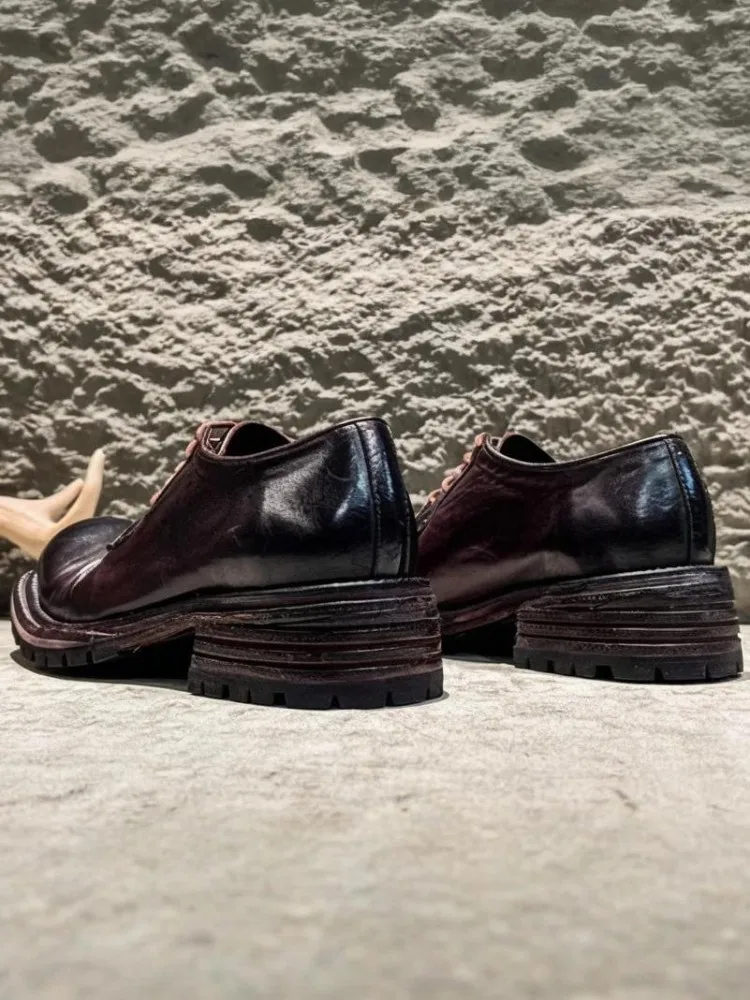Male Handmade Horsehide Derby Footwear Retro Style Leisure Versatile Height Increasing Platform Lace Up Mens Dress Shoes