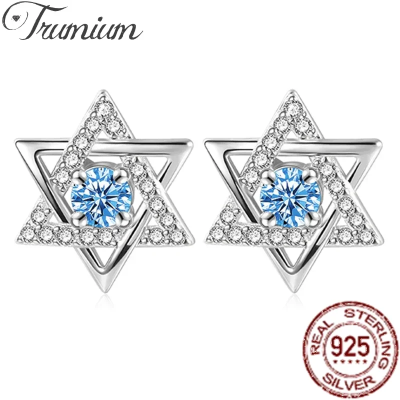 Trumium 100% 925 Sterling Silver Star of David Earrings for Women Hexagram Star Stud Earring Eardrop Jewish Amulet Jewelry