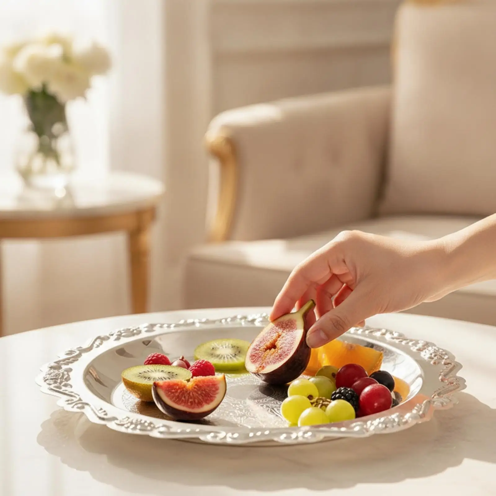 Stainless Steel Food Tier Stand for Wedding Cake Pastry Fruit Serving with Embossed Decorative Border
