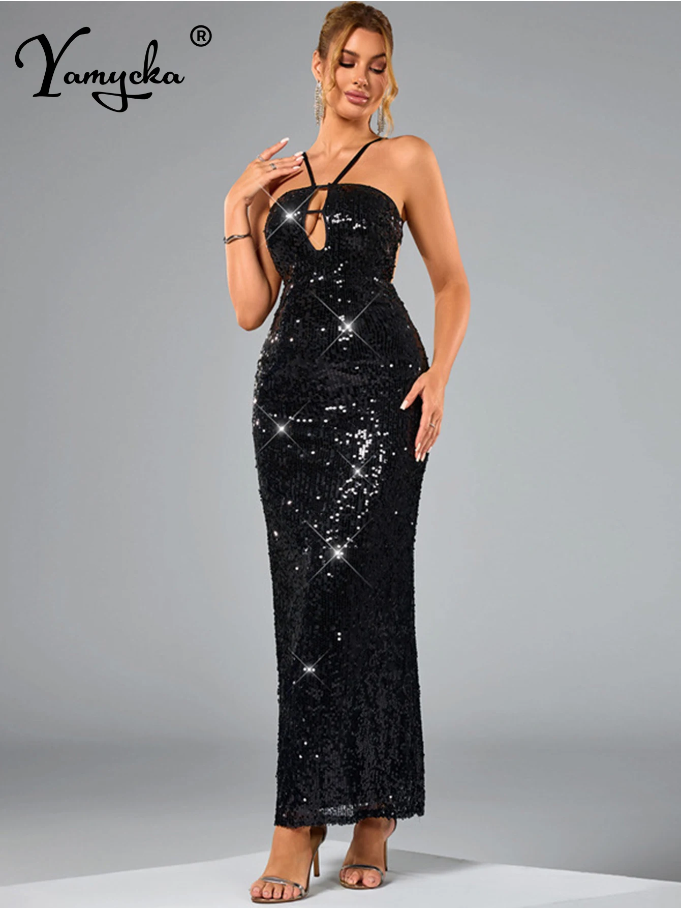 Sexy rückenfreies schwarzes Pailletten-Sommerkleid für Damen, elegante Abendparty, lange Kleider, 2025, Maxi, figurbetontes Geburtstagskleid, Vestidos