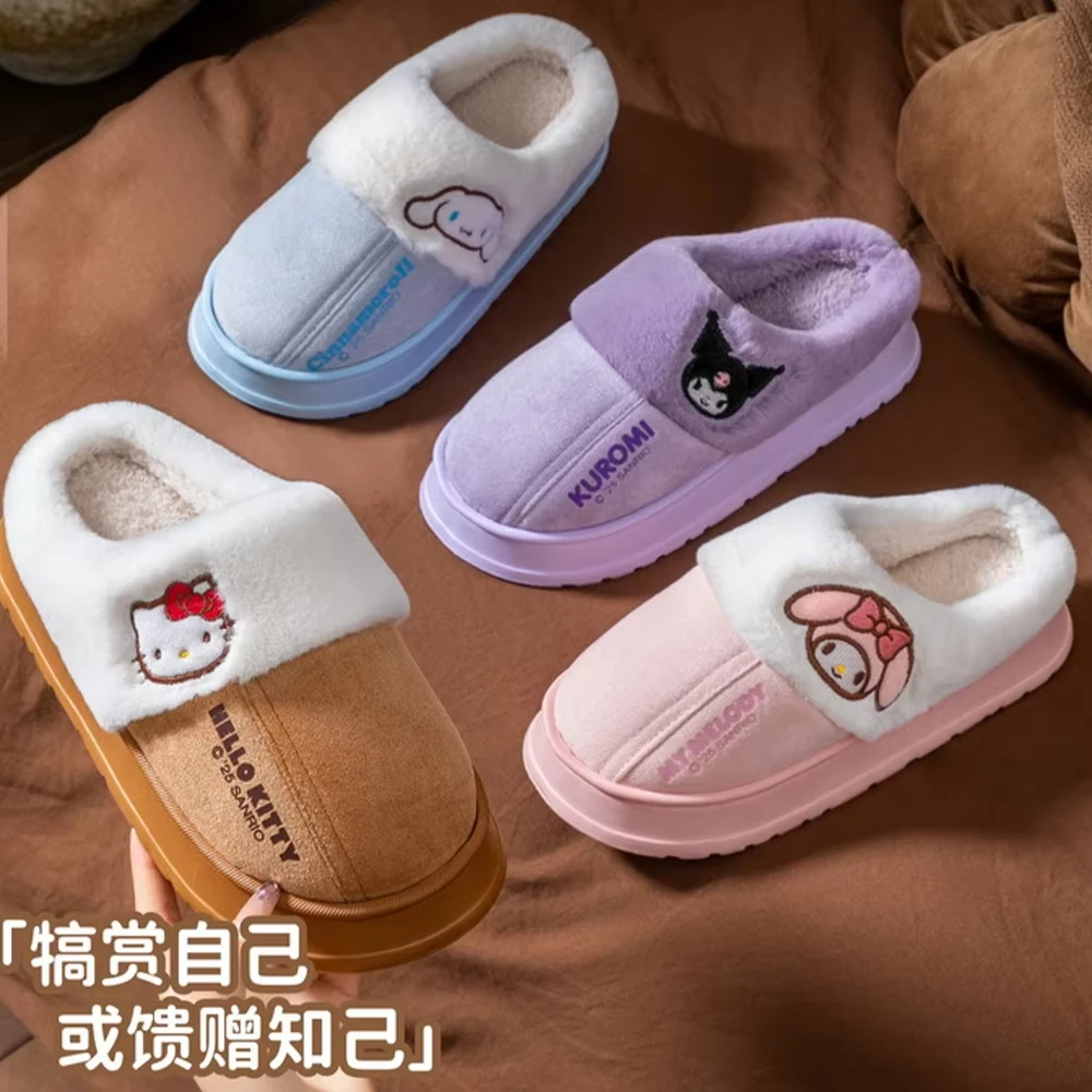 

New Hello Kitty Plush Women's Slippers Sanrio Anime Kuromi Parent-Child Home Interior Cotton Slippers Cartoon Girls Cute Shoes