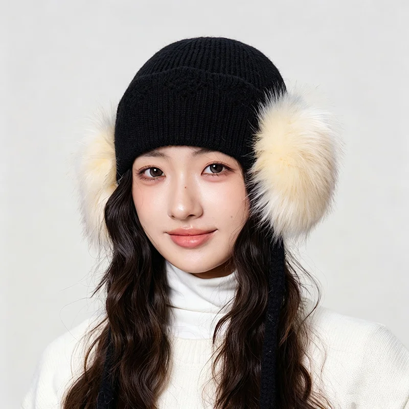 Women Autumn Winter Korean Style Knit Beanie Hat Soft Plush Earflaps Drawstring Hat Loose Warm Cold‑Proof Lady Casual Knitted