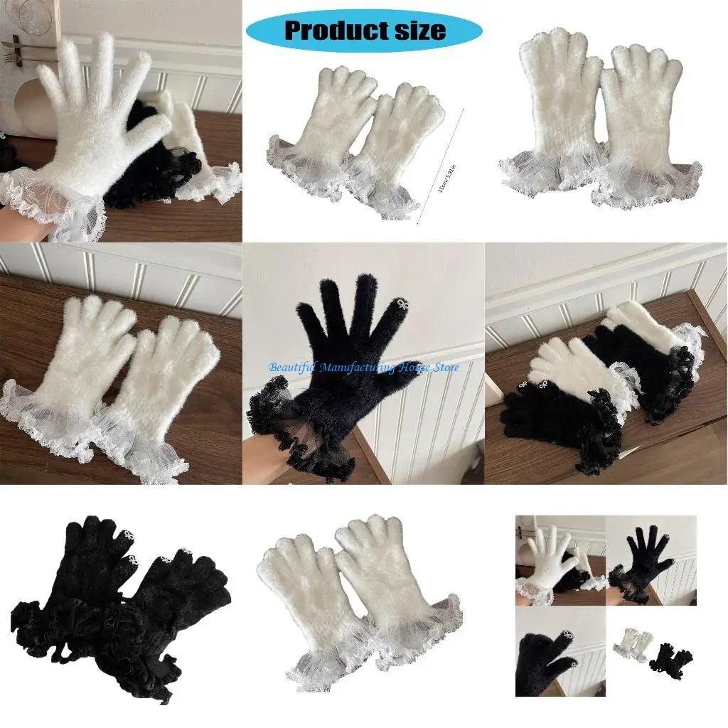 

E56A Lovely Rex Rabbit Furs Gloves Women Girl Winter Cold Weather Lace Cuffs Gloves