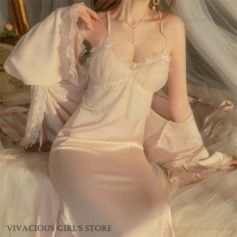 Female Long 2PCS Robe Set Court Style Princess Nightdress Bathrobe Gown Sexy Patchwork Lace Nightgown Sleepwear Satin Home Wear