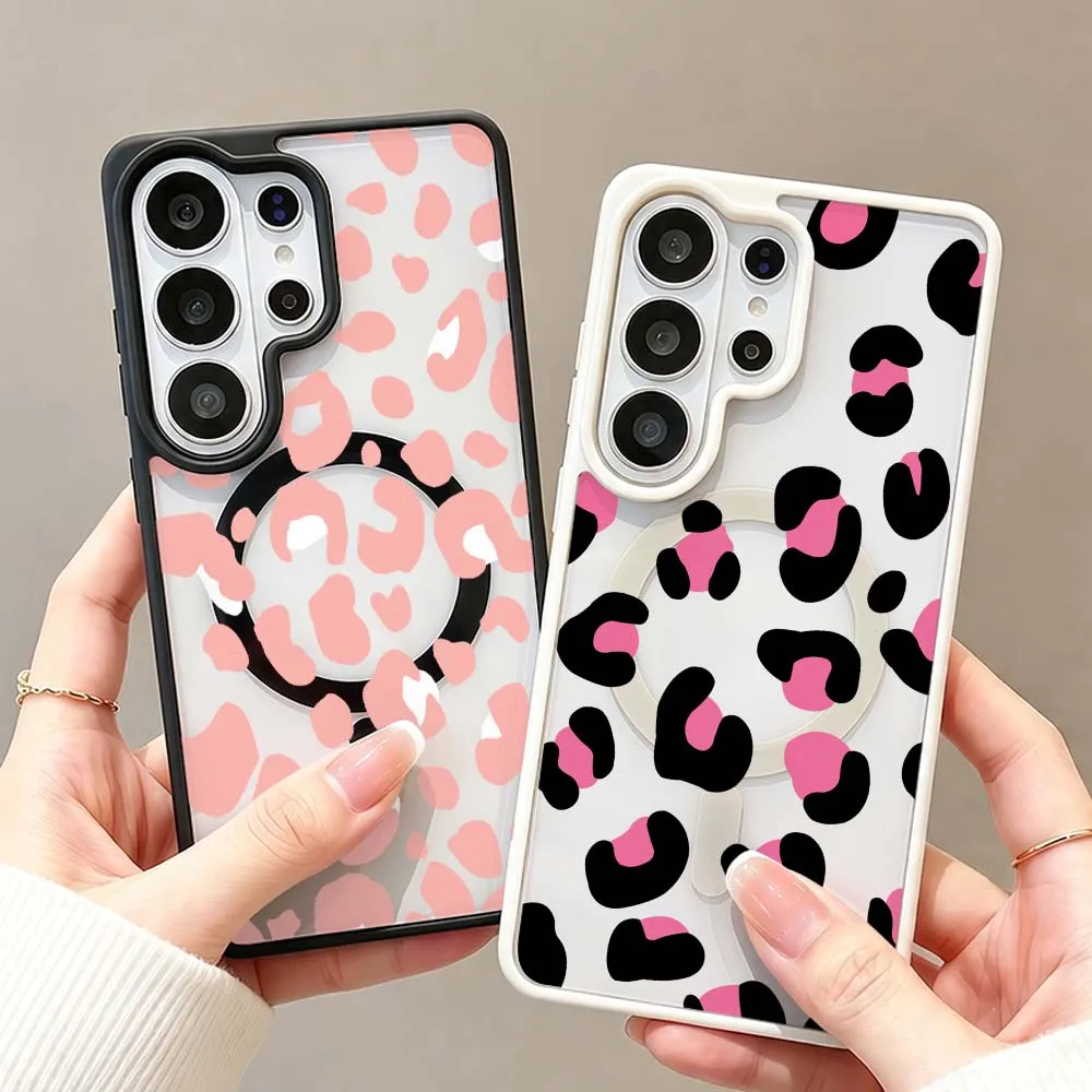 Pink Leopard Print Pattern Phone Case For Samsung Galaxy S26 S25 S24 S23 FE Plus Ultra Wireless Charge Magnetic Magsafe Cover