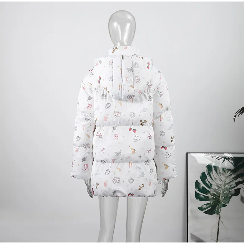 Women's Floral Print Hooded Puffer Jacket with Bow Decor Cute Oversized Winter Warm Coat Loose Casual Feminine Outerwear Fashion