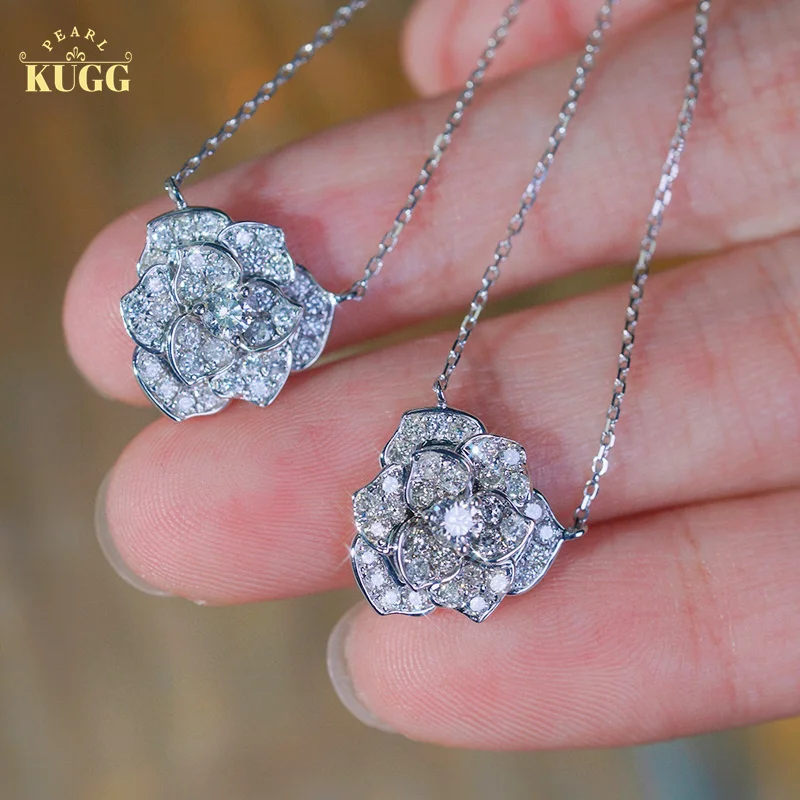 KUGG 18K White Gold Necklace Luxury Camellia Design 0.55carat Real Natural Diamond Pendant Necklace for Women Wedding Jewelry