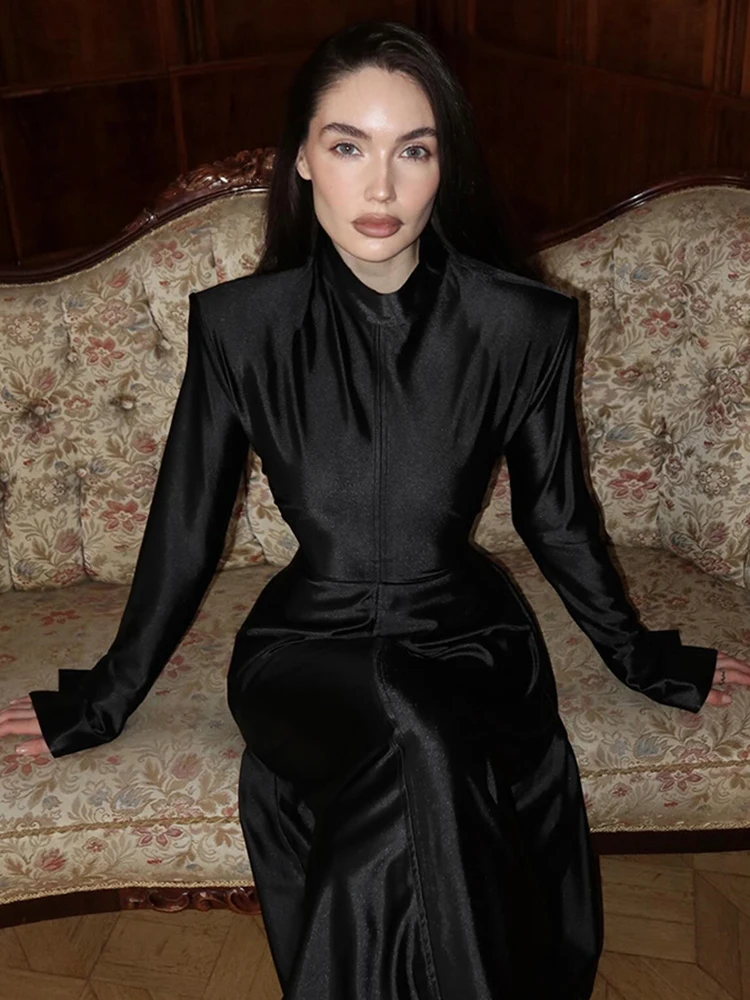 Estranho gato elegante clássico vestido feminino primavera tendência meia gola alta manga cheia simples estiramento magro noite banquete bodycon