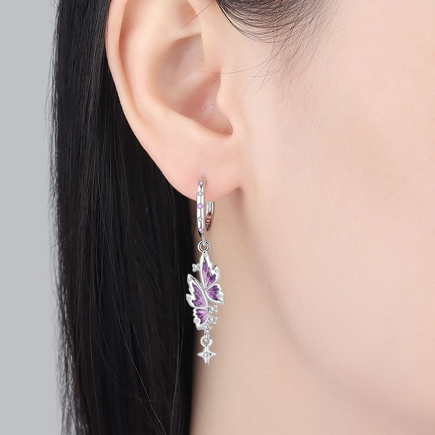 Original 925 Sterling Silber Ohrringe, Vielseitige Exquisite Hellviolette Rosa Blumen-Schmetterlings-Ohrringe, Schmuck für Frauen zum Geburtstag – Detail 17