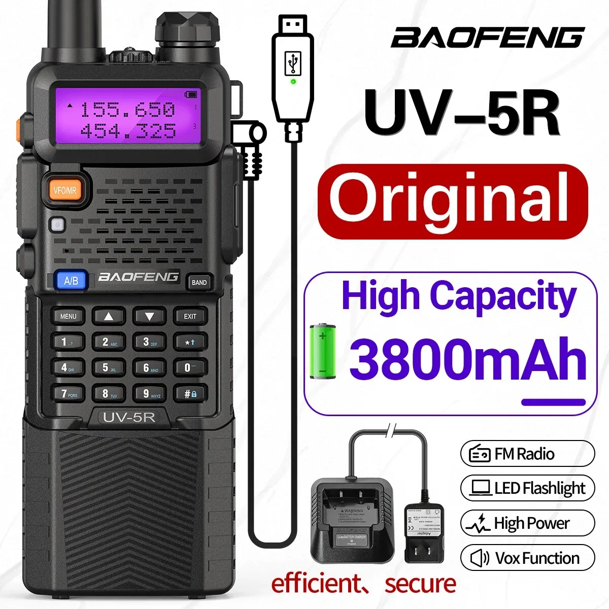 Baofeng UV 5R جهاز اتصال طويل المدى ، شاحن USB ، جهاز إرسال واستقبال لاسلكي ثنائي الاتجاه ، راديو لحم الخنزير لأشعة UV K5 ، ، ، UHF ، VHF ، نطاق مزدوج