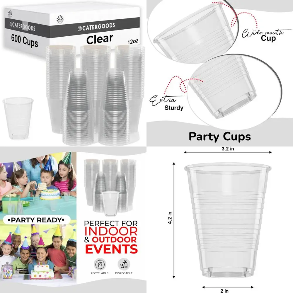 

Disposable Clear Plastic Cups - 600 Pack, 12oz, Durable, BPA-Free, Colored for Party Use