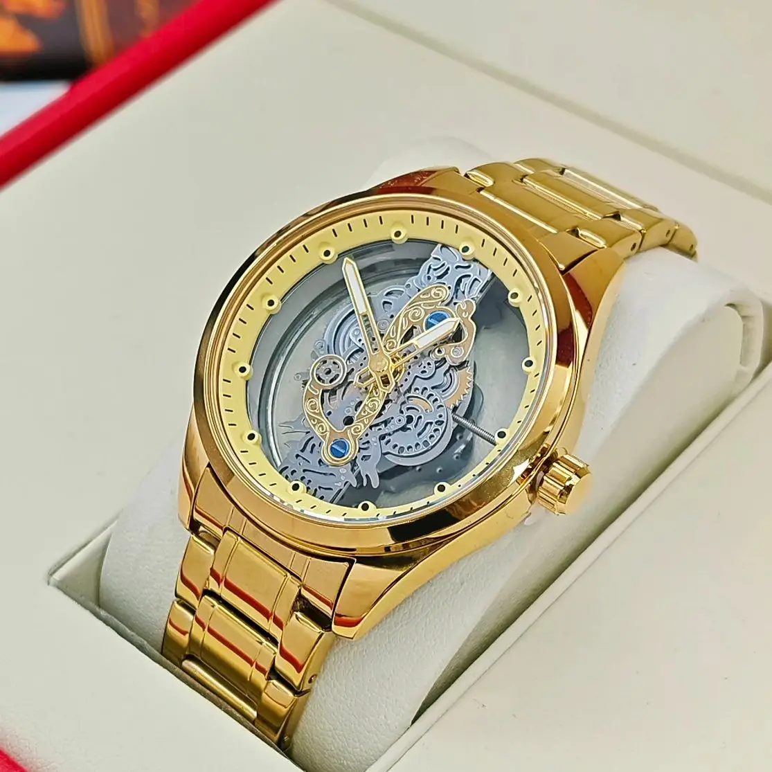 ساعة رجالية أوتوماتيكية فاخرة للأعمال من الطبقة العلوية، قرص دائري، تصميم هيكل عظمي على الوجهين، حزام من الفولاذ المقاوم للصدأ، كاجوال أنيق وبسيط ومضيء للرجال