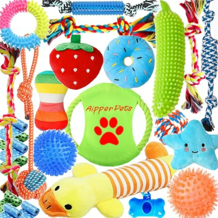 

Dog Toys 25 Pack for Fun and Teeth Cleaning, Puppy Chew Toys Pack with Squeak Plush Toy, Squeaky Toy Balls, Tug of War and Rope