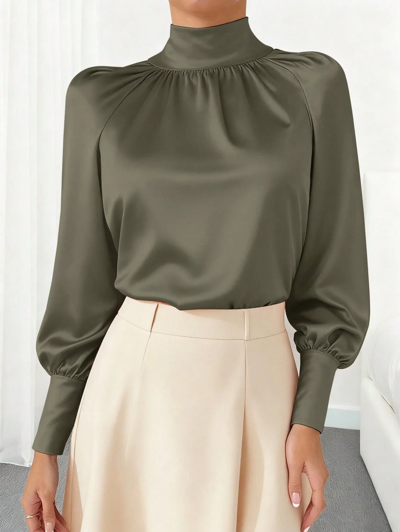 

Women Solid Color High Neck Lantern Sleeve Elegant Blouse Spring Autumn