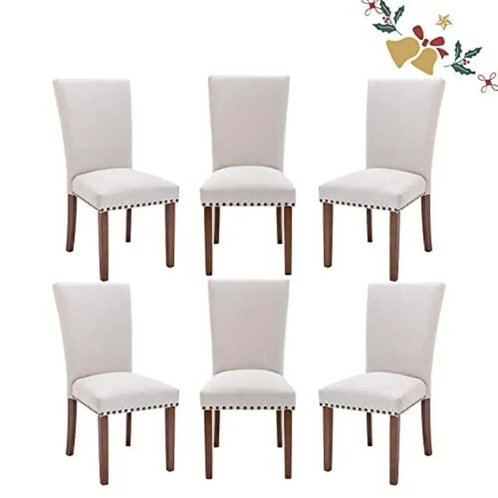 Set of 6 Upholstered Nailhead Dining Chairs with Thick Cushions and Wood Legs Dining Room or Kitchen Comfortable and Stable