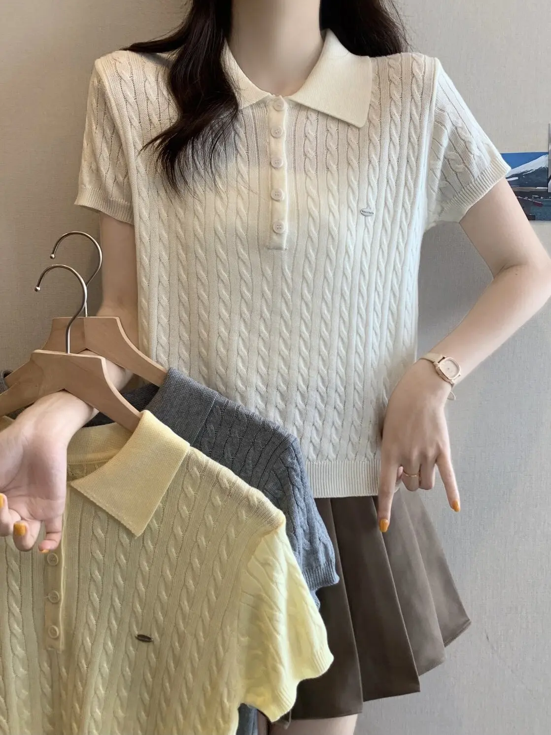

plus Size Neck Short Sleeve Knitted Sweater Women's Summer New Style Slimming Versatile Design Twisted Top Korean Style