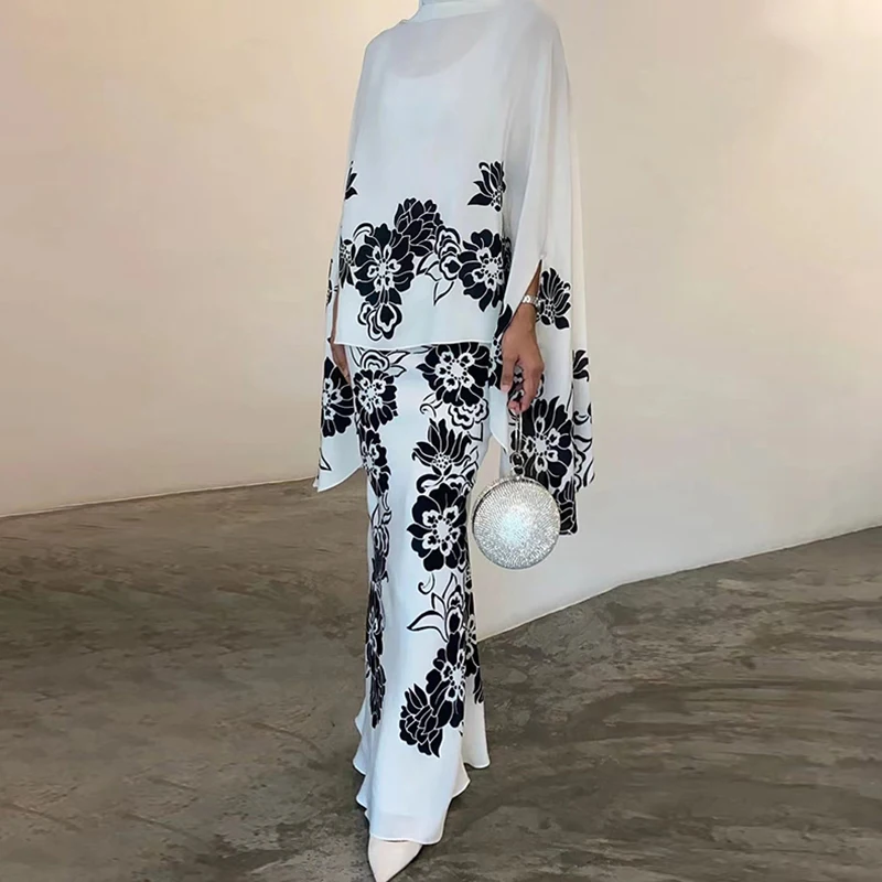 2026 Women Muslim Two Piece Set Women's Casual Dresses Women's Clothing Sets Flower Print Loose Abaya Tops Skirts Casual Outfits