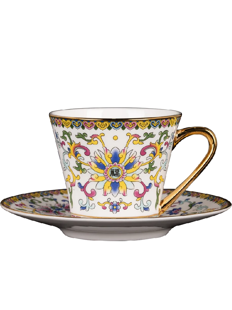 Chinese Palaces Culture Enamel Porcelain Tea Cup High Grade Bone China Coffee Cup Dish Gift Set Decorative Border Kitchen