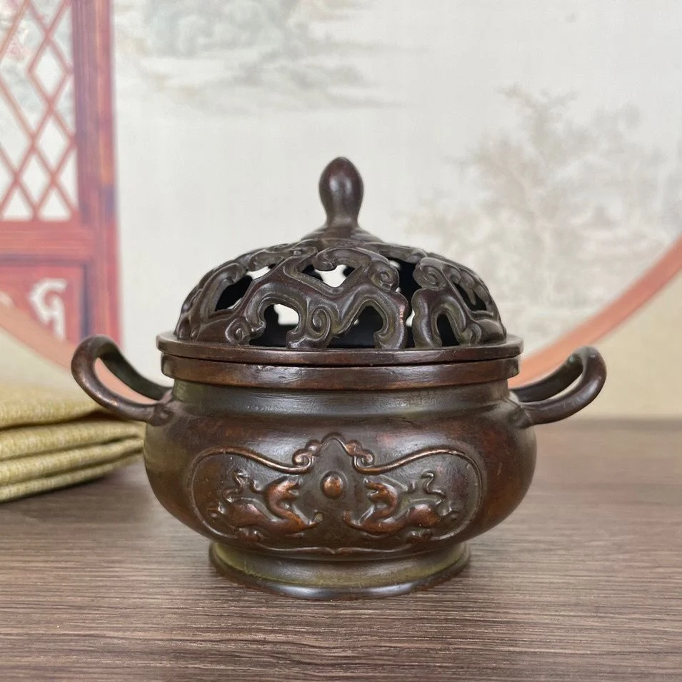 Ancient incense burner household copper classical ornaments  insert relief