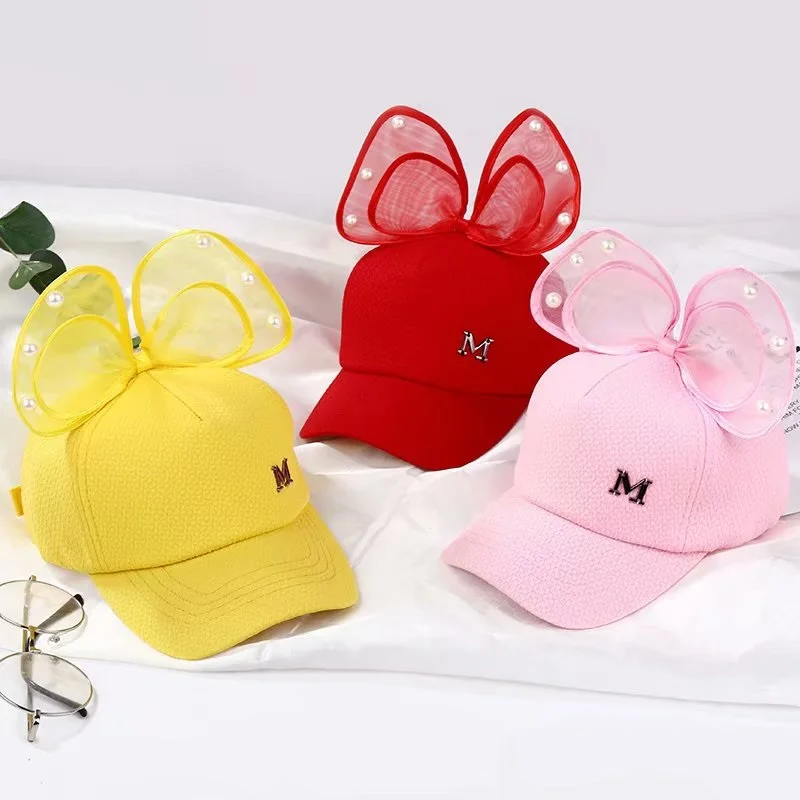 Kids girls cute M letter cartoon hats Summer child boy baby casual trucker hat Breathable mesh Animal Ear Baseball cap Pearl bow