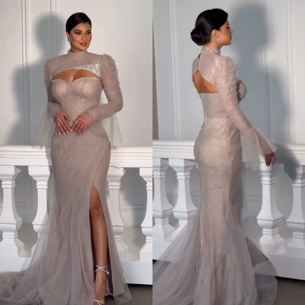 

Customized Net Pleat Sequined High Collar Mermaid Floor-length Bespoke Occasion Women Luxury Evening Dresses Elegant Sparkle