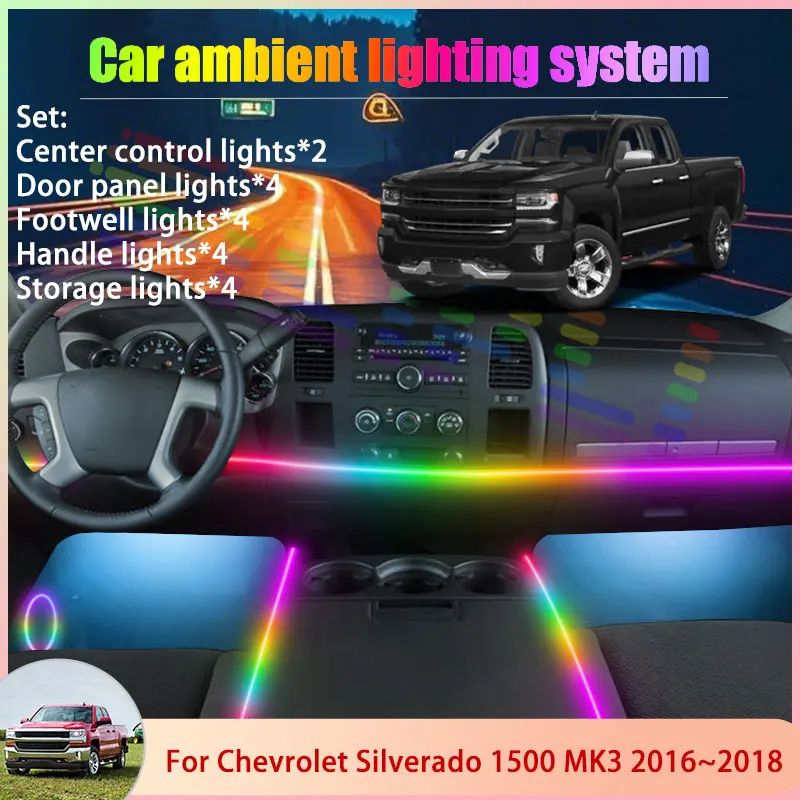 

Для Chevrolet Silverado 1500 MK3 3 2016 ~ 2018 6/18 в 1, автомобильная атмосферная лампа, RGB абажур, ансамбль, стример, атмосферный набор