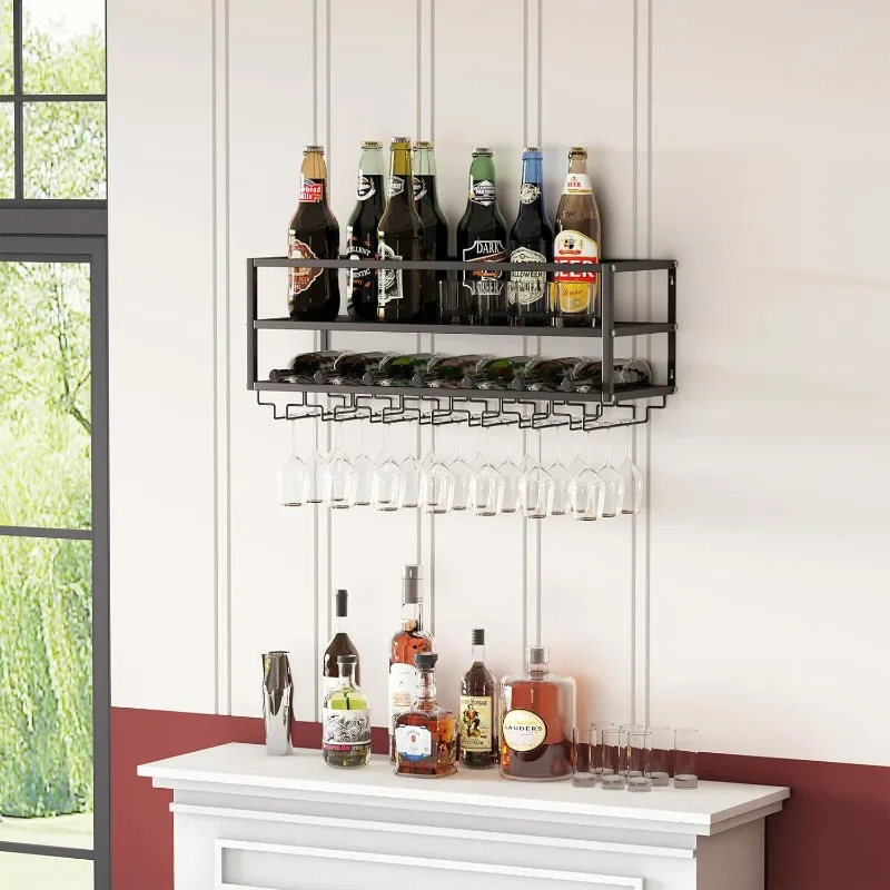 

Wall Mounted Wine Rack Black with Glass Holder 30in Metal Bottle Holder Hanging Multi Functional Wine