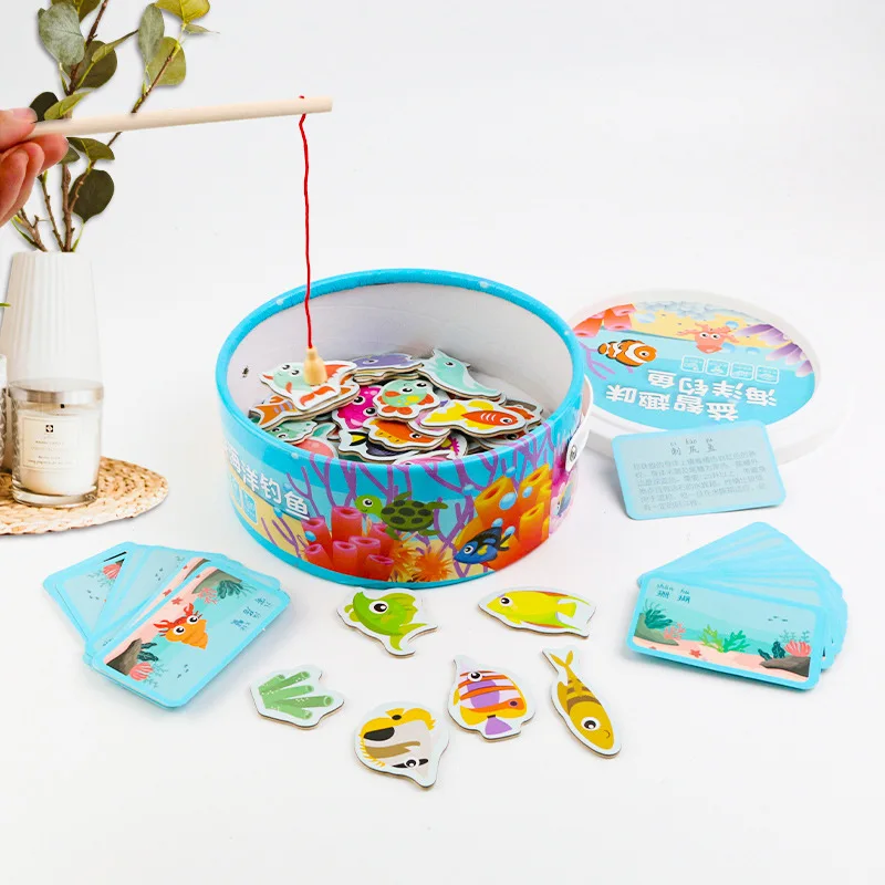 Holz angeln spielzeug kinder frühe bildung ozean cartoon fass baustein magnetische angelrute spielzeug kindergarten spaß spiel