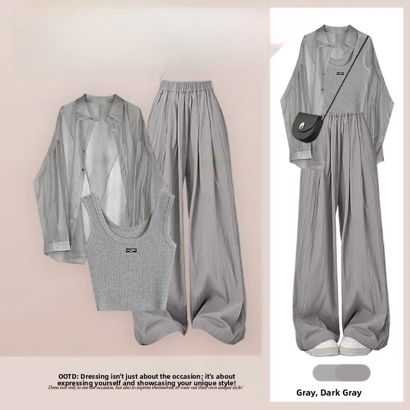 

Summer Casual Set American Style Shirt Top Vintage Slim Wide Leg Pants Three Piece Set Leisure Fashion Women's Ensemble