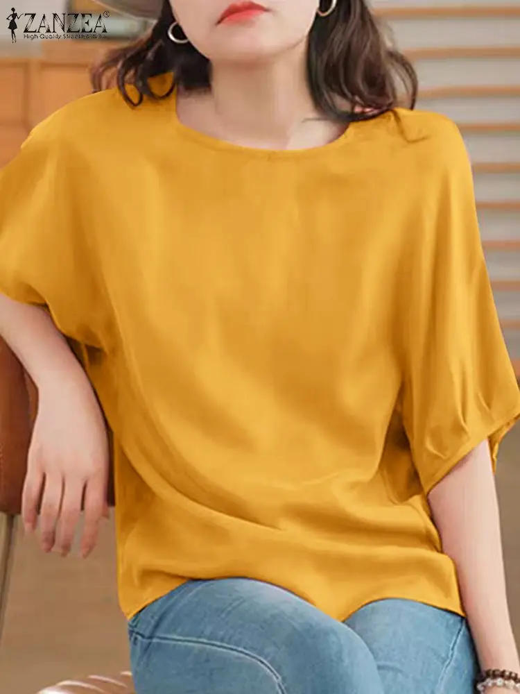 

Korean Round Neck Tops ZANZEA Casual Loose Women Blouse 2024 Summer Half Drop Shoulder Sleeve Shirt Blusas Solid Simple Tunics