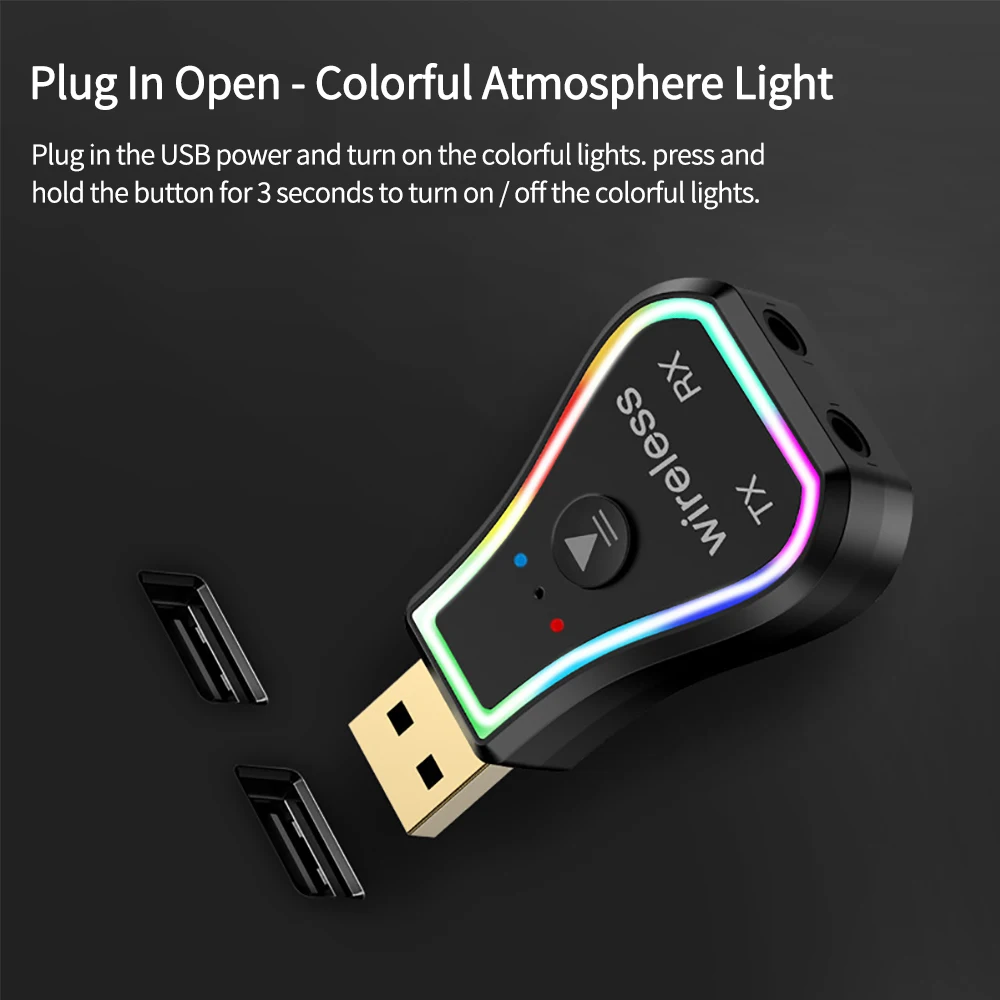 Bluetooth-compatible Adapter Colorful Atmosphere Light Car Hands-free Desktop Laptop USB Wireless Headphone Receiver Transmitter