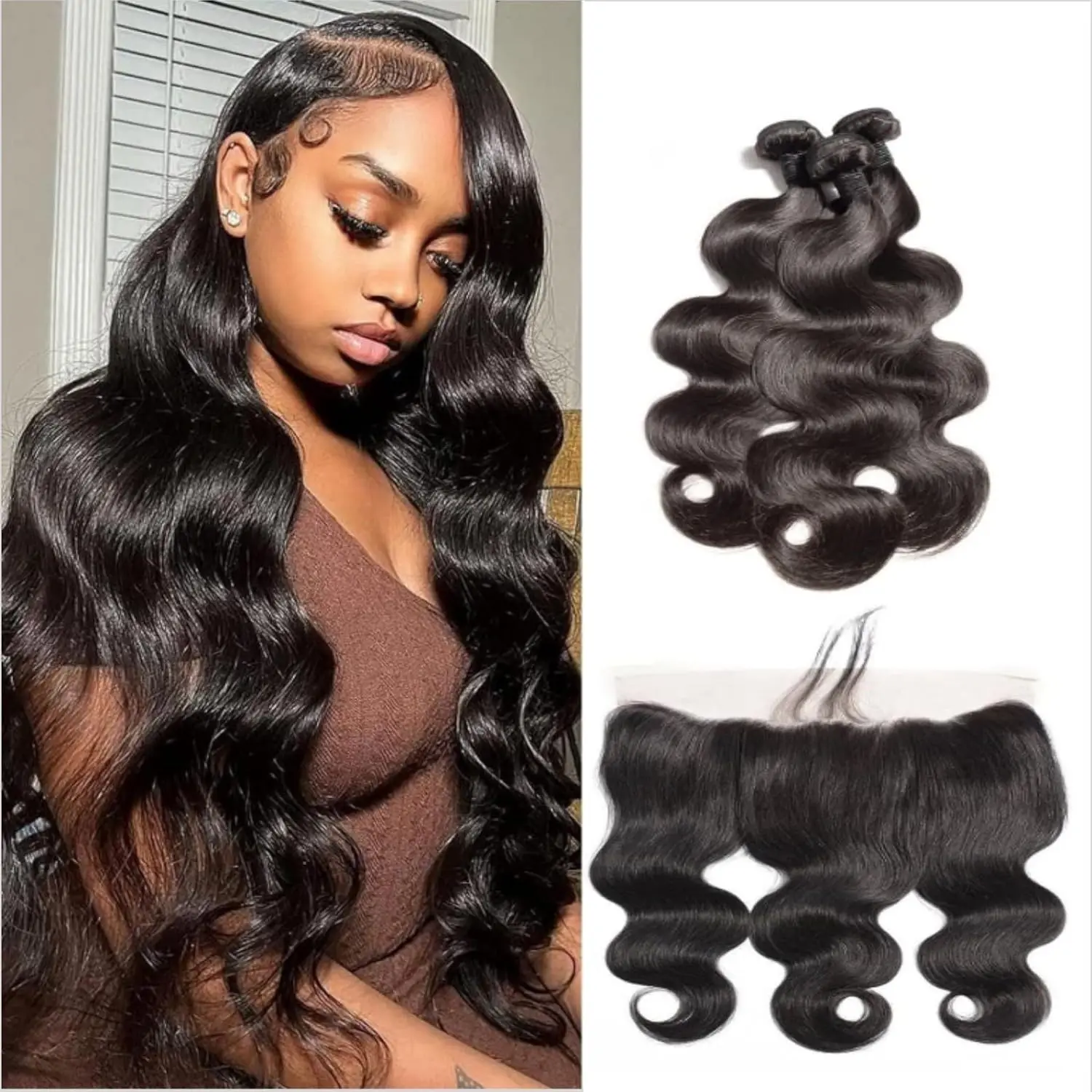 Body Wave Bundles with Frontal 100% Unprcessed Brazilian Virgin Human Hair 3 Bundles with 13x4 HD Lace Frontal Natural Black 1B