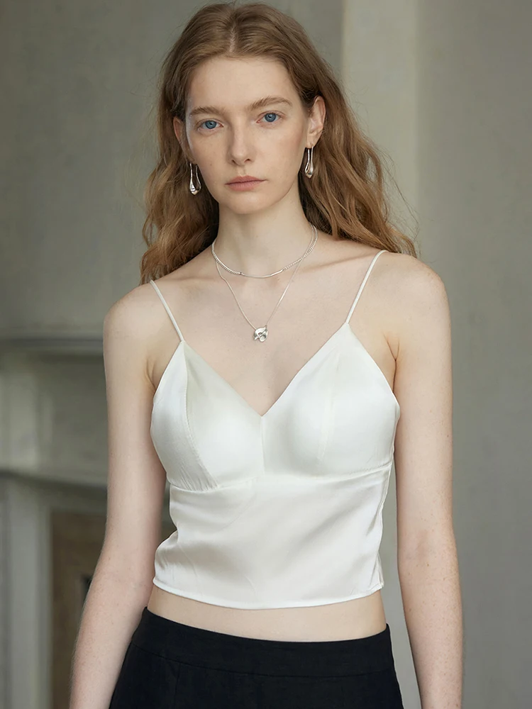 

Women's Camisole Crop Tank Tops Bralette Bra 19 Momme Mulberry Silk No Underwire Wireless Padded V-Neck